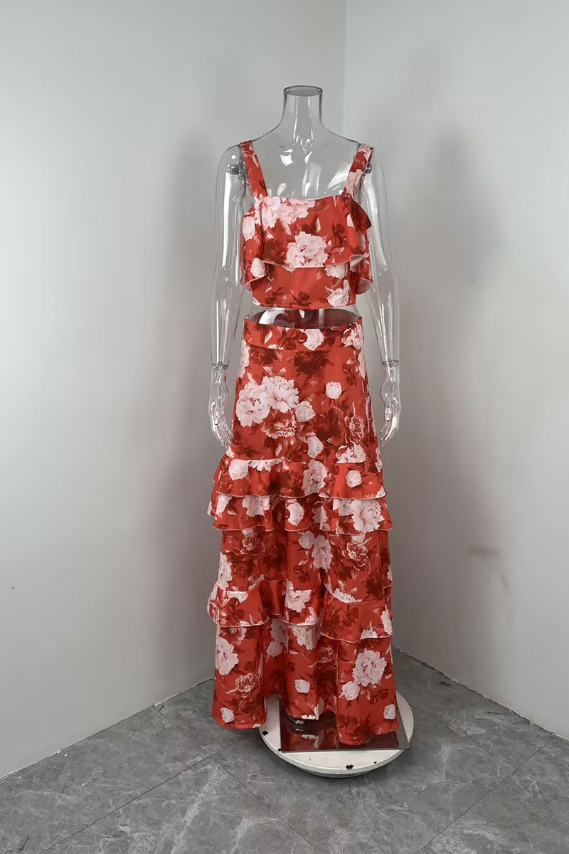 Women Beach Edge Holidays Printed Suspender Top Cascading Ruffles Skirt Two-Piece Set 32