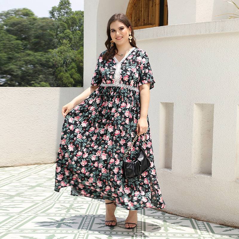 Plus Size V-Neck Floral Printed Lace Patchwork Loose Long Dress Beach Holidays Dress 8