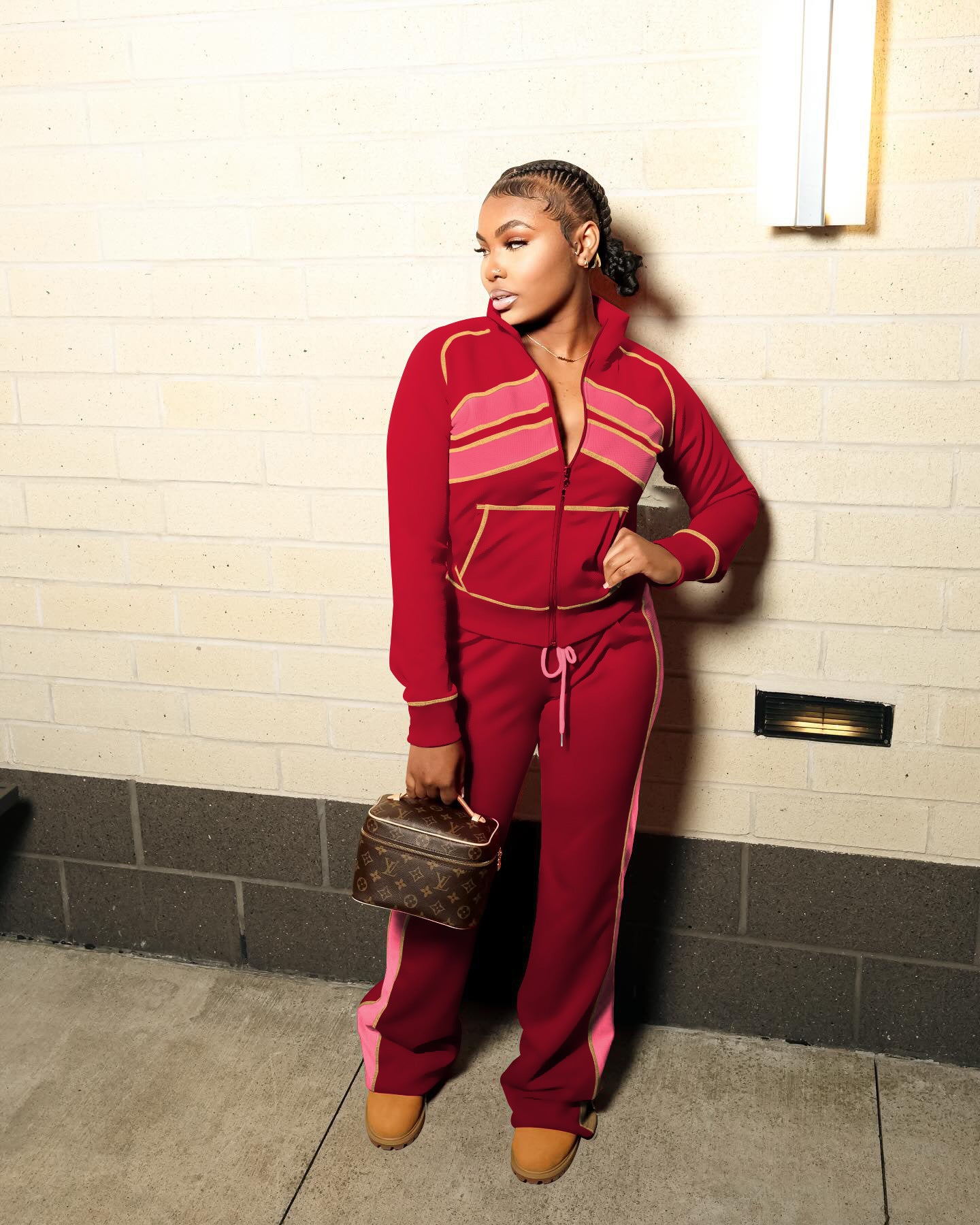 Women Sporty Casual Autumn/Winter Colorblock Long-Sleeved Top and Pant Two-Piece Set 3