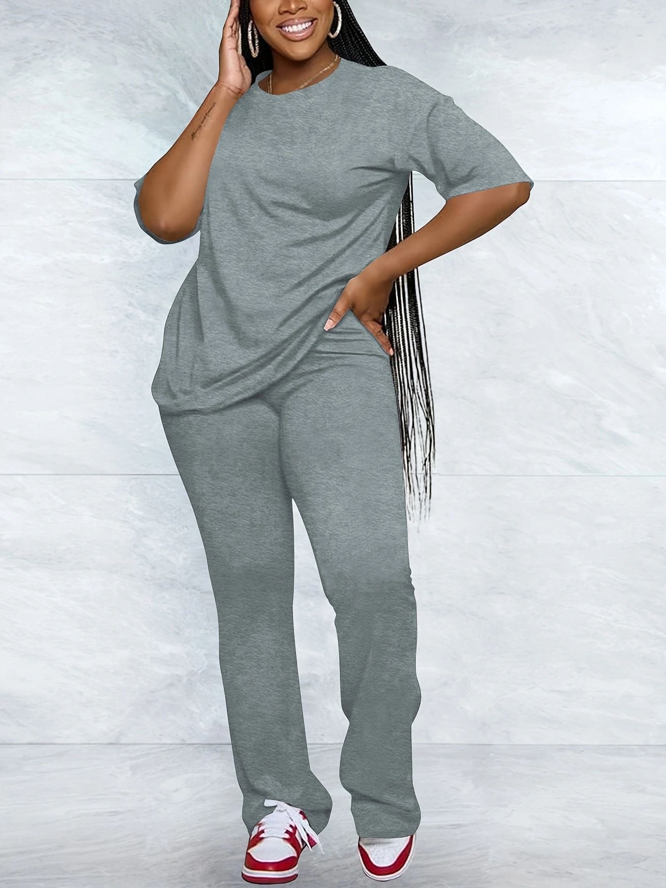 Women Casual Solid Round Neck Top and Pants Two-Piece Set