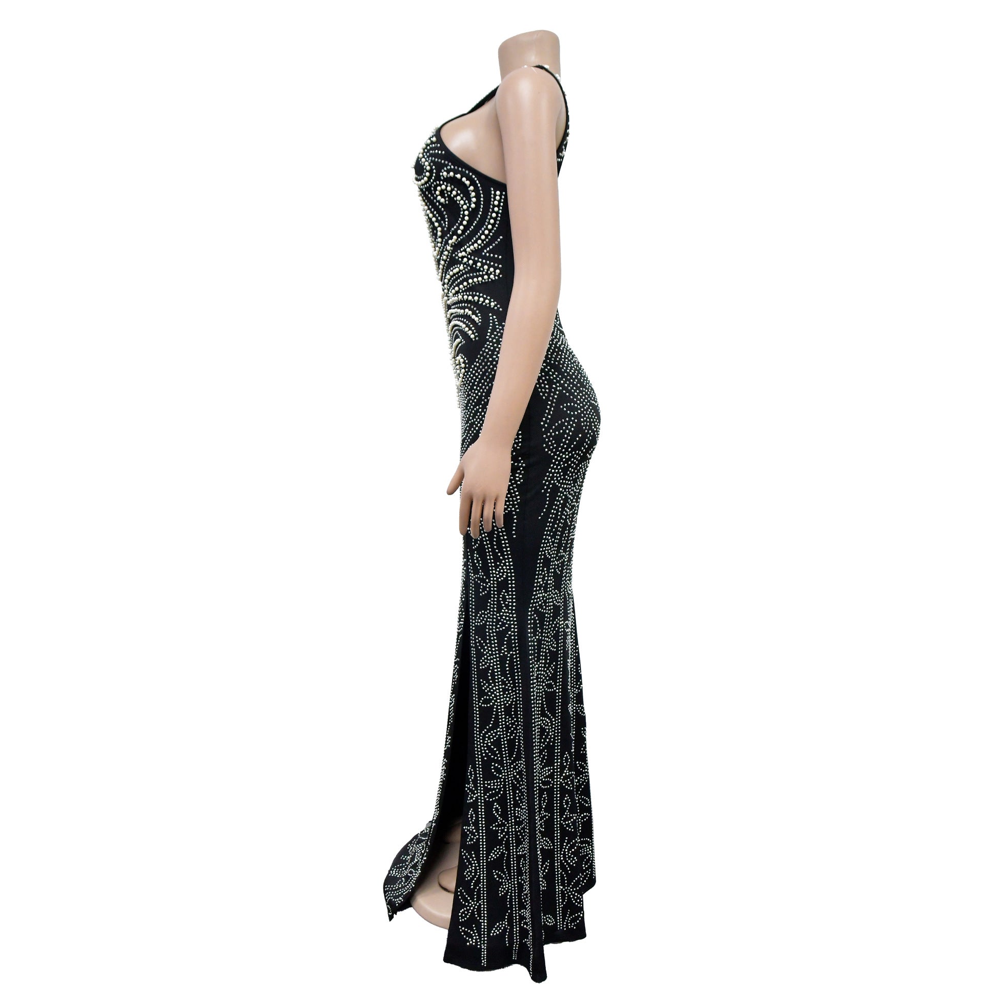 Women Solid Beaded Slit Backless Dress 9