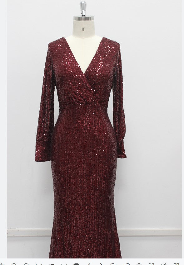 Plus Size Women Long Sleeve V-Neck Sequined Mermaid Evening Dress 15