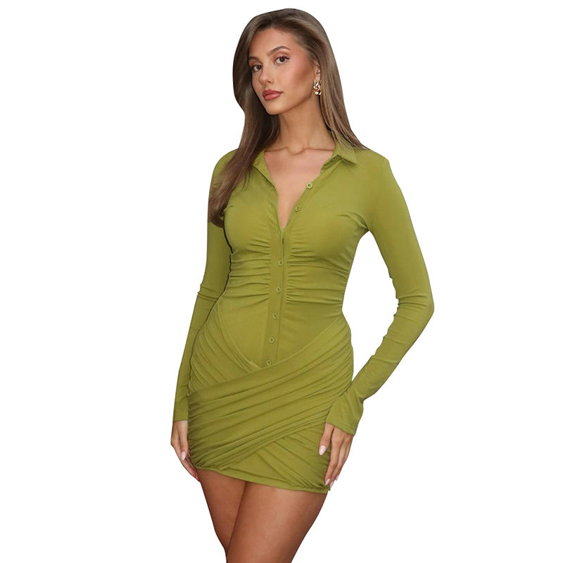 Women's Turn-Down Collar Button Long Sleeve Bodycon Short Dress 18