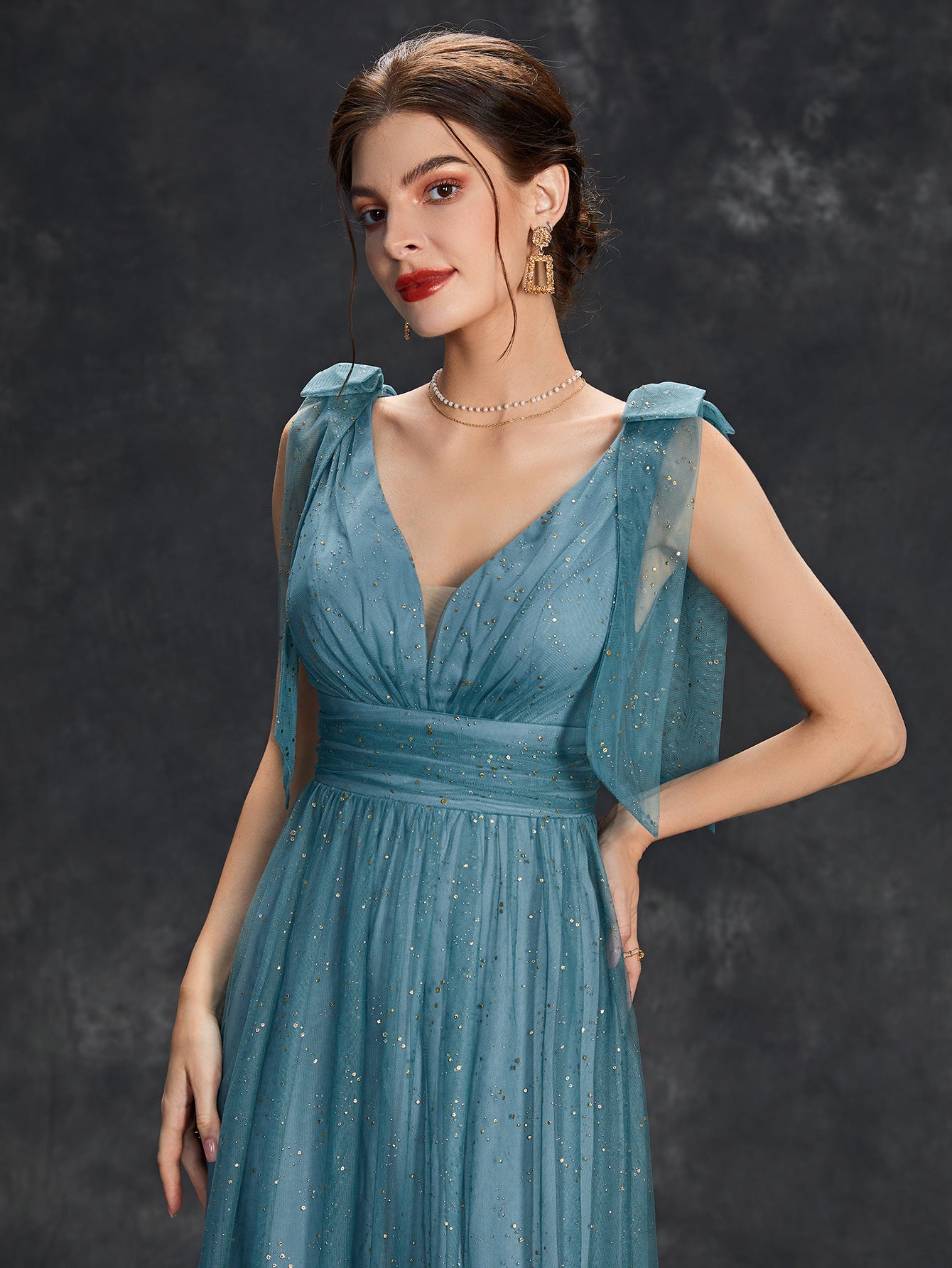 Women sequined bow elegant v-neck ball suspender evening dress（Processing time need 3-6 days） 25