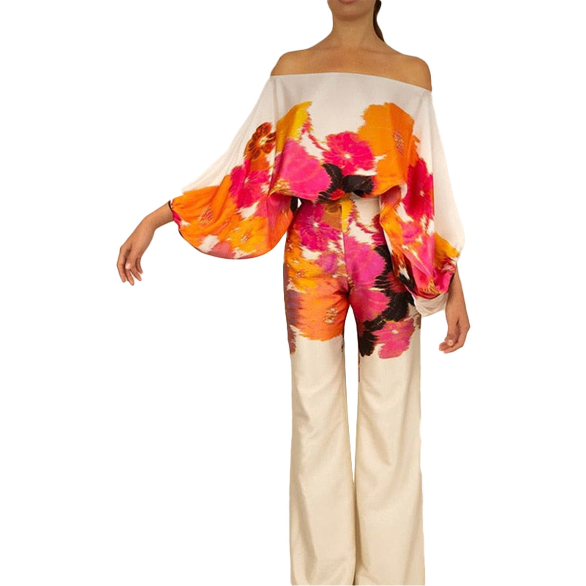 Women Casual Loose Off Shoulder Top and Printed Wide Leg Pants Two-piece Set 13