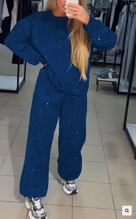 Autumn Winter Women's Clothing Casual Round Neck Long Sleeve Beaded Two Piece Pants Set 5