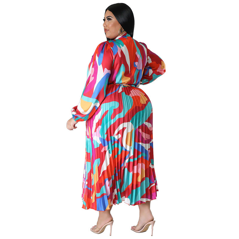 Plus Size Women Lace-Up Long Sleeve Printed Pleated Dress 19