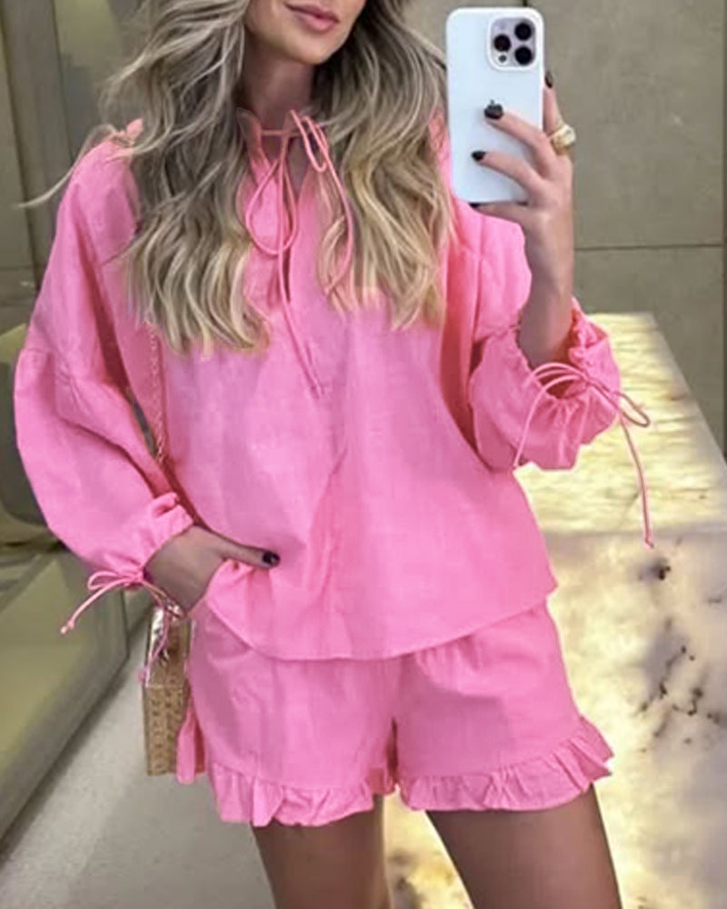 Women Rose Neck Lace-Up Puff Sleeve Top and Ruffle Edge Shorts Two-Piece Set 6