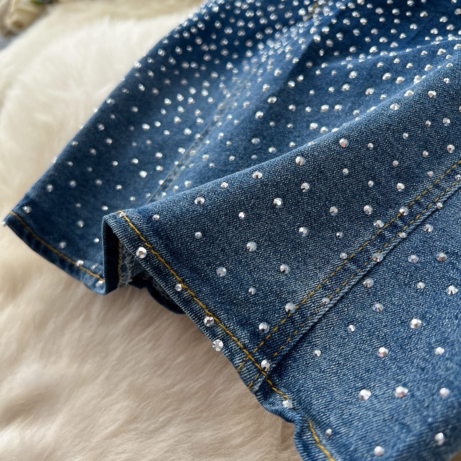 Fashion Beaded Denim summer Strapless Vest High Waist Denim Bell Bottom Trousers Two Piece Set for Women 8