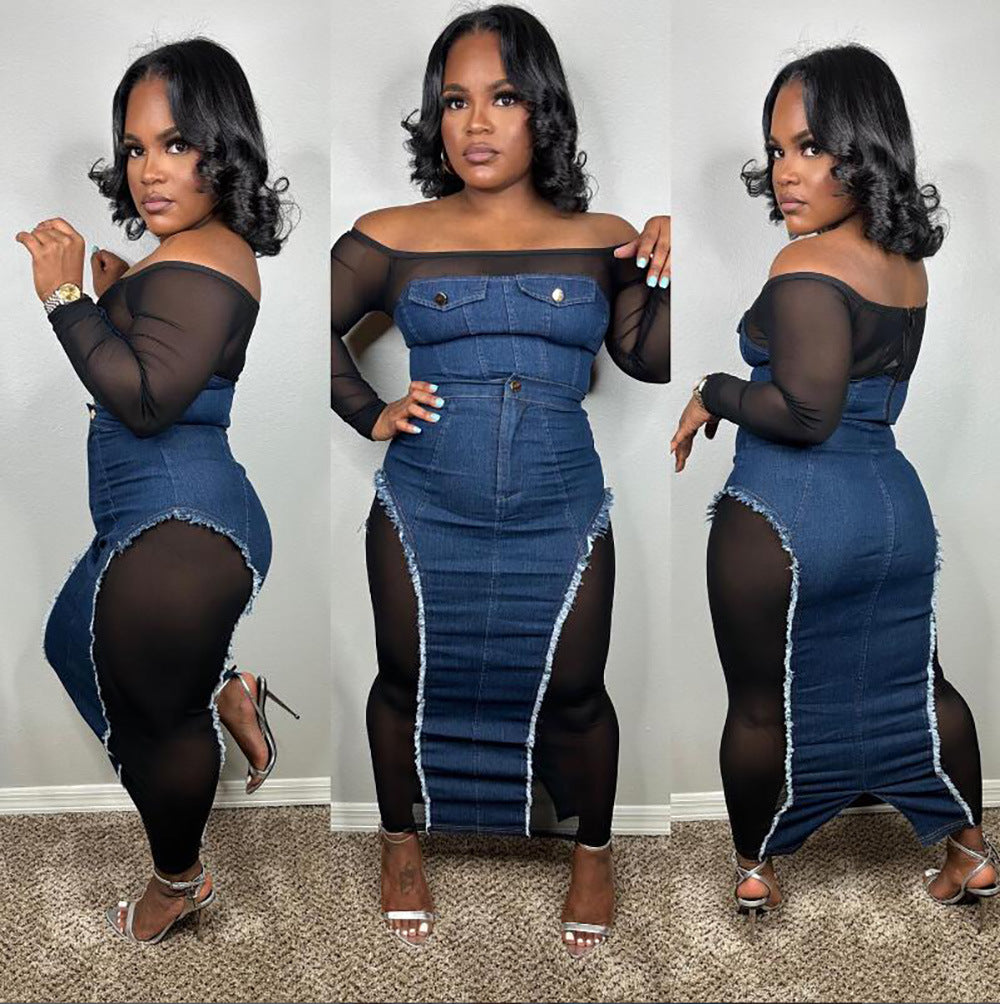 Women's Autumn Sexy Mesh See-Through Top Denim Bodycon Skirt Suit 3