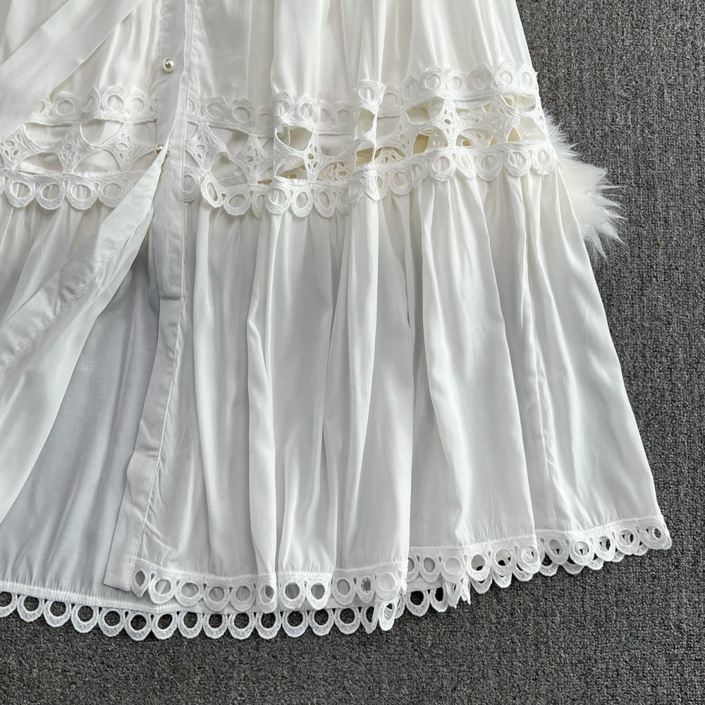 Lantern Sleeve Stand Collar Smocked Waist Button-Front Elegant Gown 9