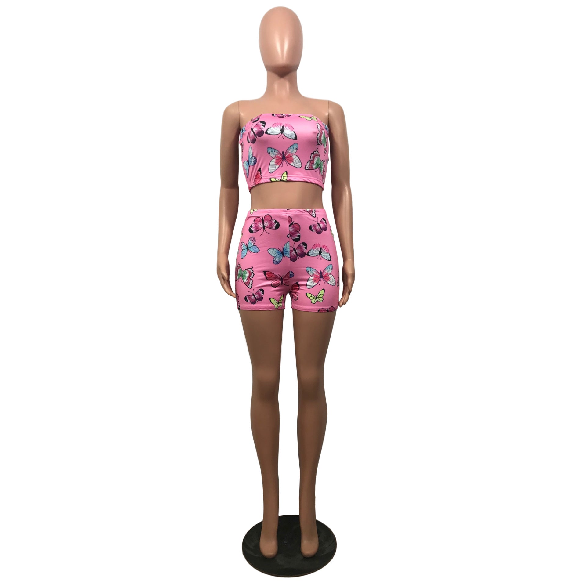 Summer Women's Sexy Slim Fit Butterfly Print Strapless Two Piece Shorts Set 28