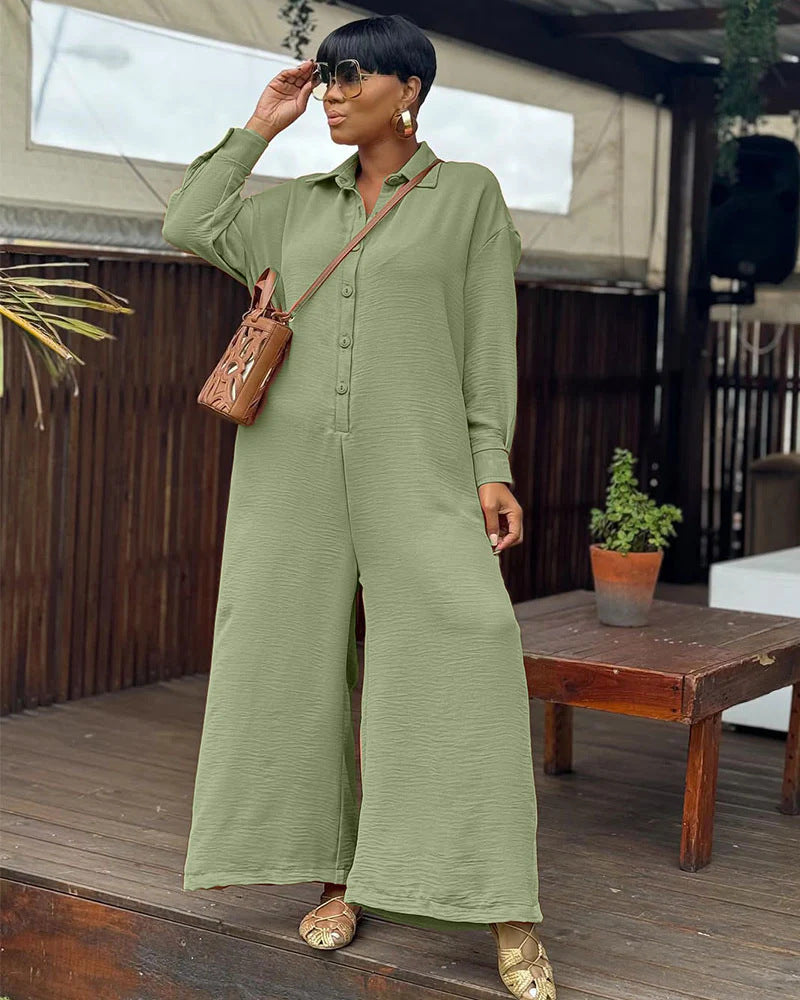 Plus Size Women Summer Casual Loose Round Neck Long Sleeve Wide Leg Jumpsuits 4