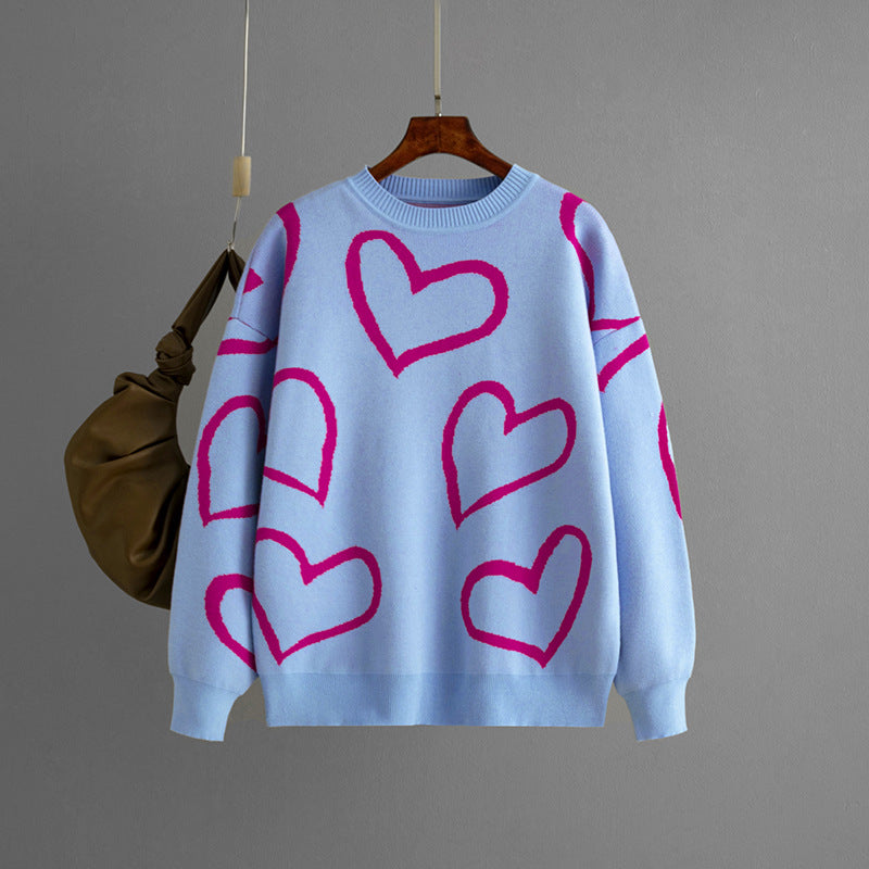 Women Round Neck Heart Print Contrast Sweater 7