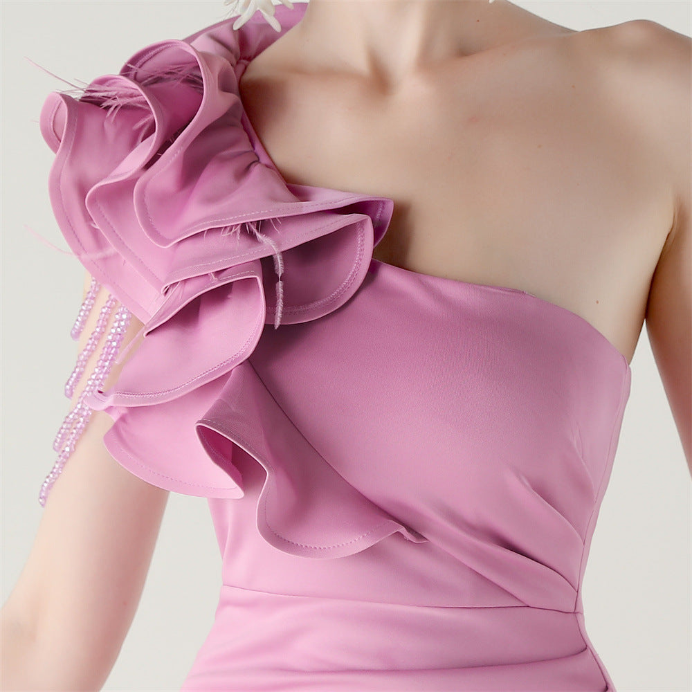 Women One-Shoulder Beaded Wool and Floral Satin Slit Sexy Evening Dress 57