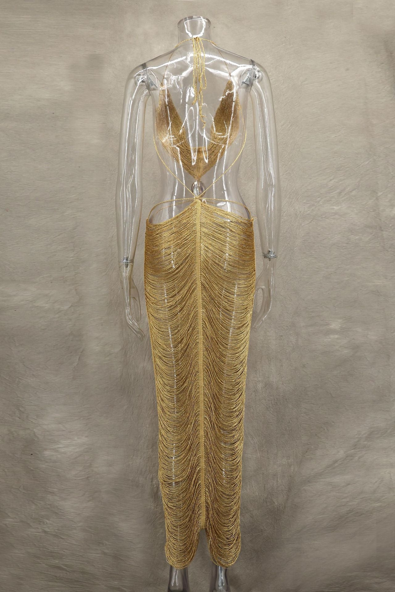 Spring Summer Fashion Shell Tassel Halter Neck Lace Up Sexy Slimming Adjustable Long Dress 15