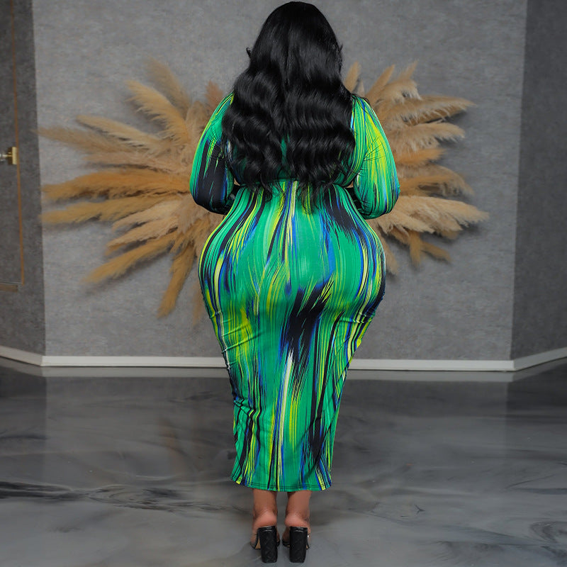 Plus Size Women's Round Neck Long Sleeve Irregular Striped Long Dress 3