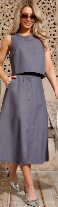 Women Casual Solid Round Neck Top and Skirt Two Piece Set 3