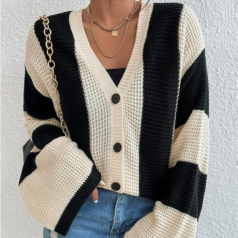 Fashionable Autumn And Winter Women's Striped Contrast Color Bell Bottom Sleeve Loose Knitting Cardigan