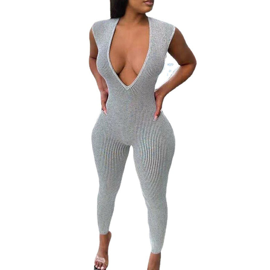 Solid Color Sexy Deep V-Neck Low-Cut Tight Fitting Women's Jumpsuit 5