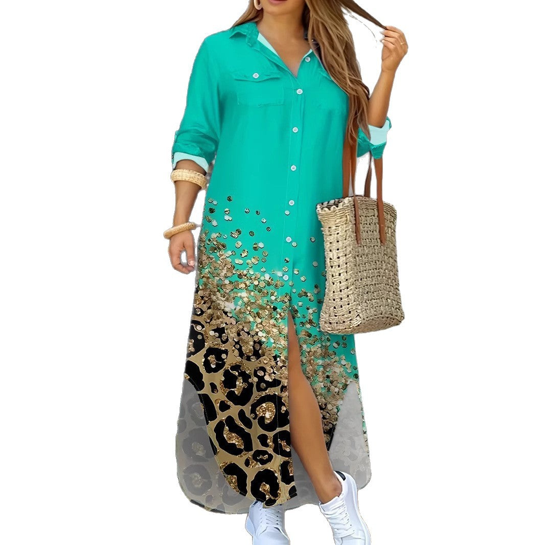 Plus Size Women Turndown Collar Shirt Contrast Dress 5