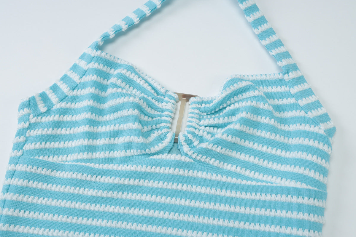 Women Summer Sexy Backless Lace-up Top Striped Shorts Two-Piece Set 10