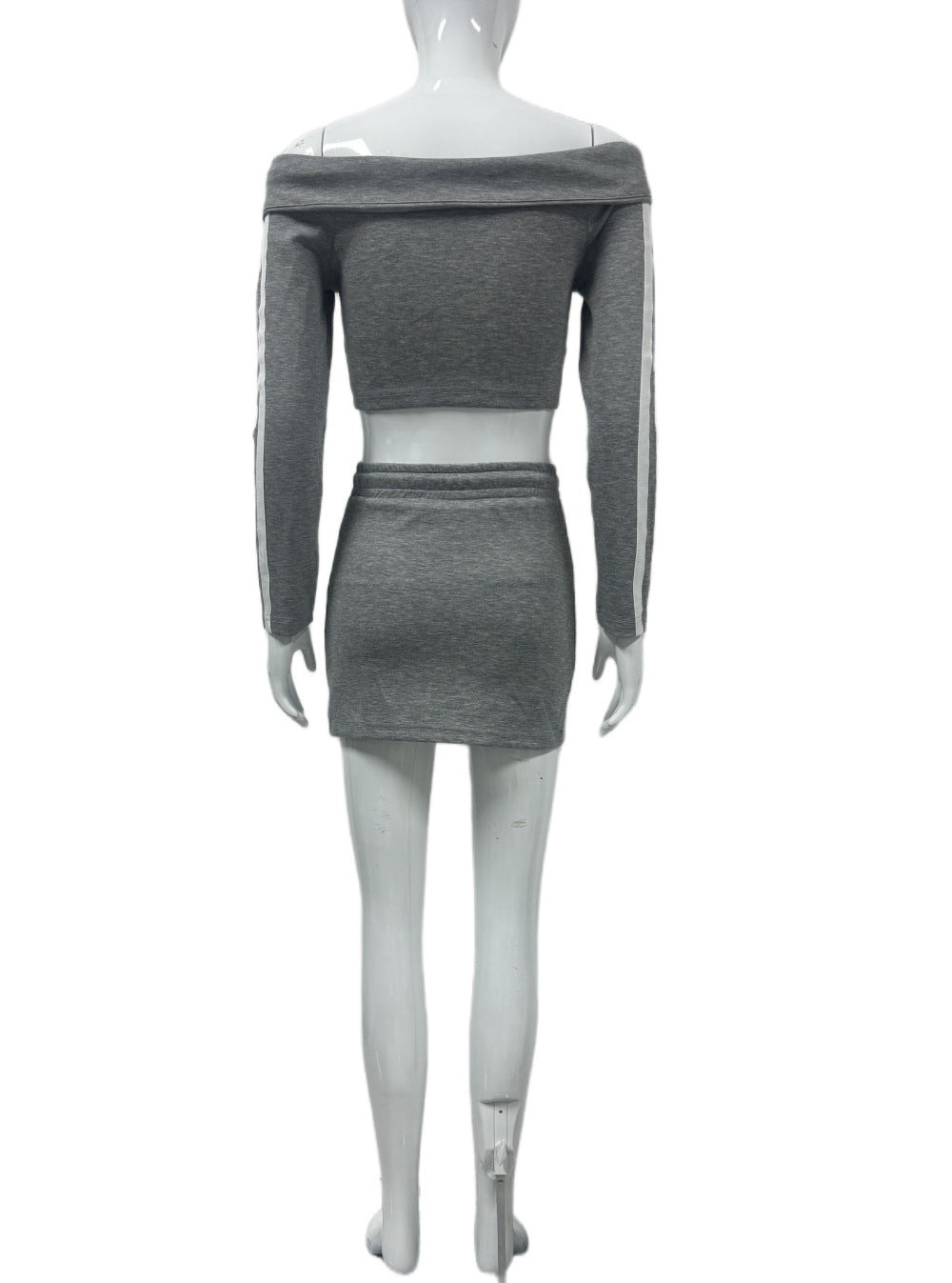 Women Off Shoulder Long Sleeve Zip Crop Top and Skirt Two Piece Set 8