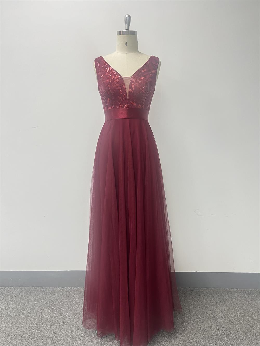 Patchwork Elastic Waist Sleeveless Double V Neck Evening Gown with Embroidered Tulle Elegant Long Swing Party Dress 21