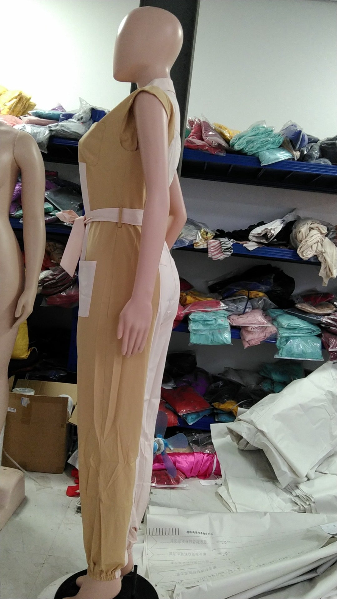 Women's Color Matching Fashion Turndown Collar Button Belt Jumpsuit 8