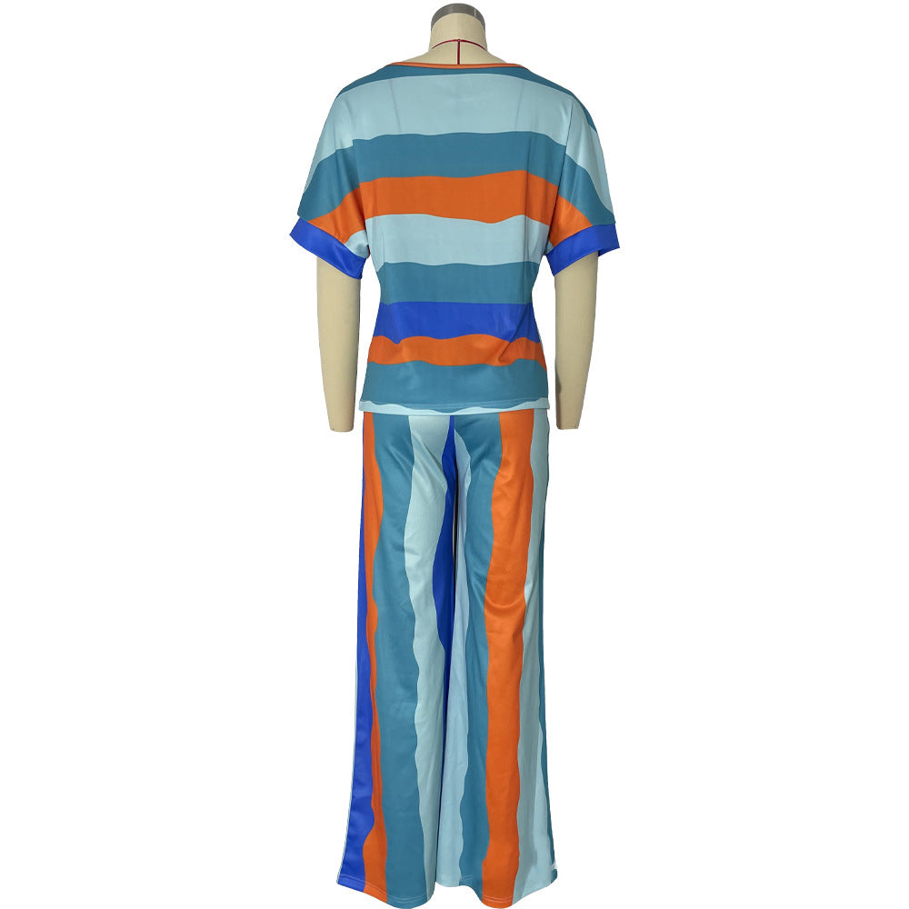 Stripe Printed Short Sleeve Loose Casual Two-Piece Pants Set 8