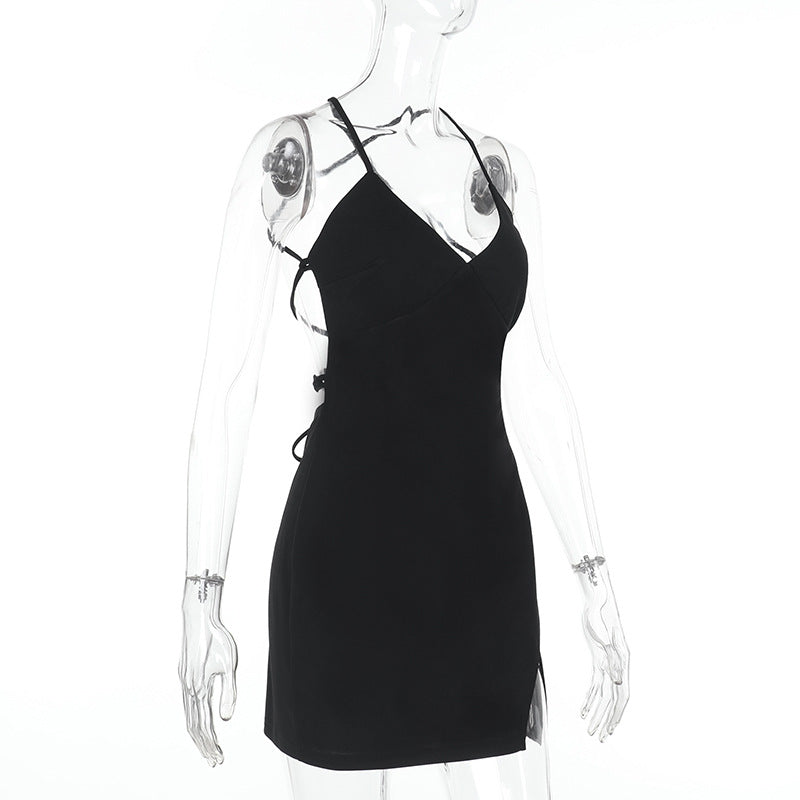 Spring Strappy V-Neck Low Back Slit Short Dress 10