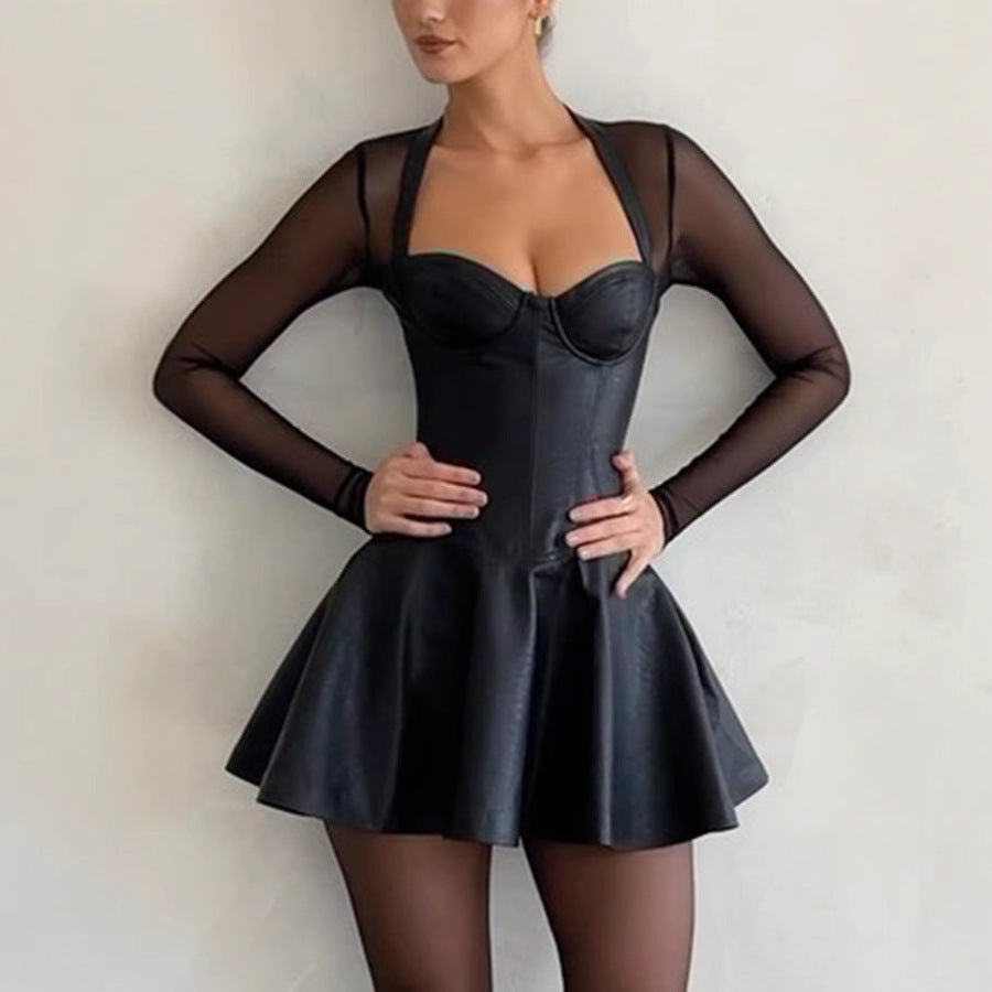 Spring Summer Long-Sleeved Mesh Patchwork Casual A-Line Dress