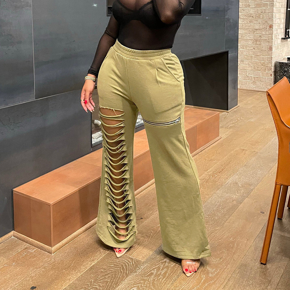 Women Fashion Style Summer Hollow Zipper Pocket Loose Casual Pants 3