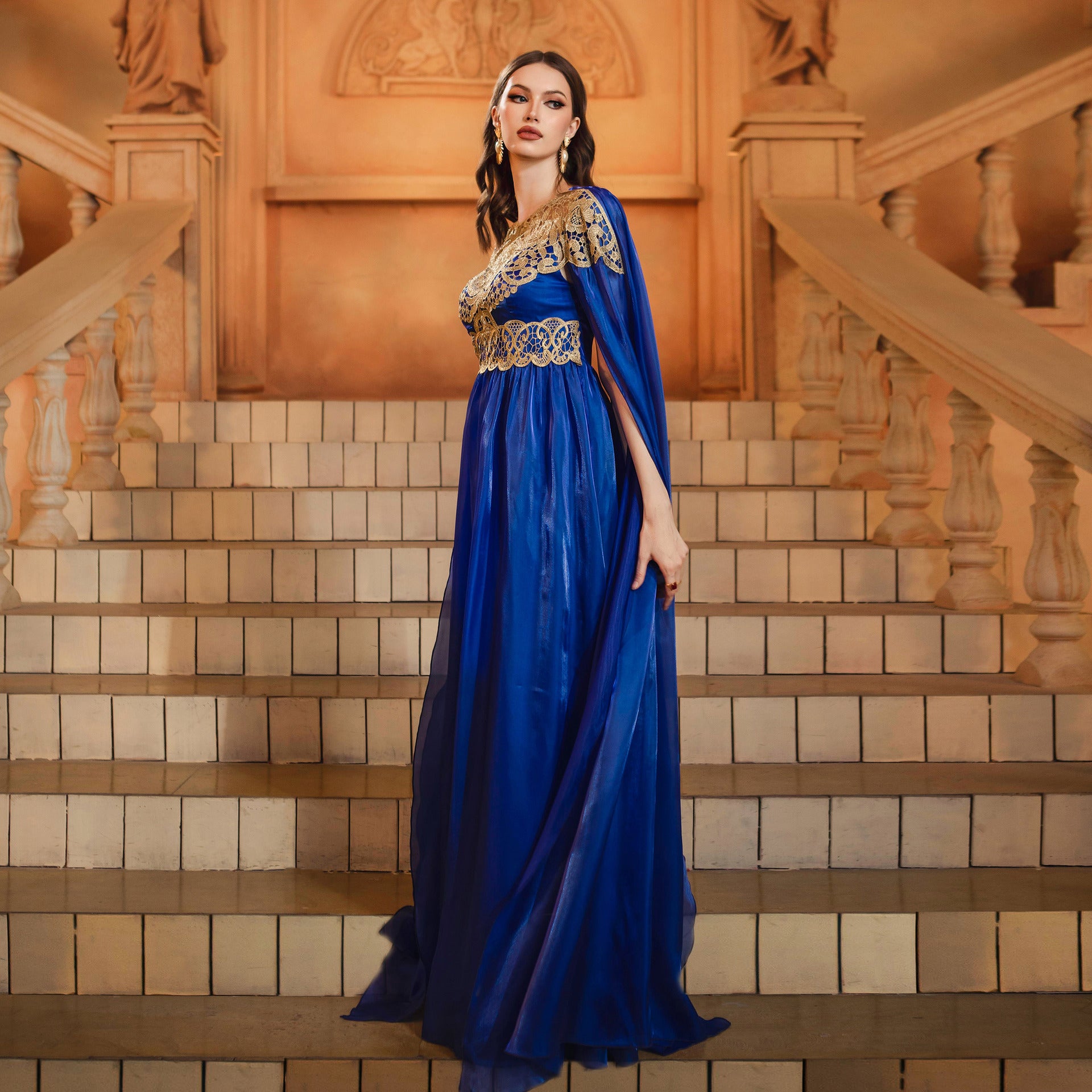 Women long sleeve Round Neck lace Formal Party evening dress 5