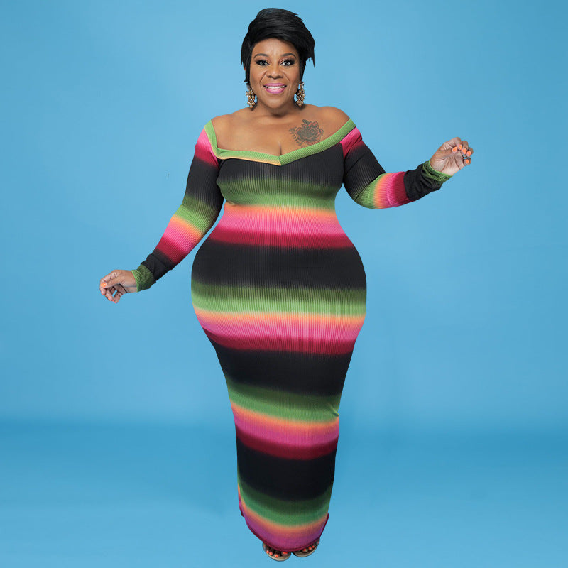 Plus Size Women Summer V-neck Off-shoulder Striped Print Dress 3