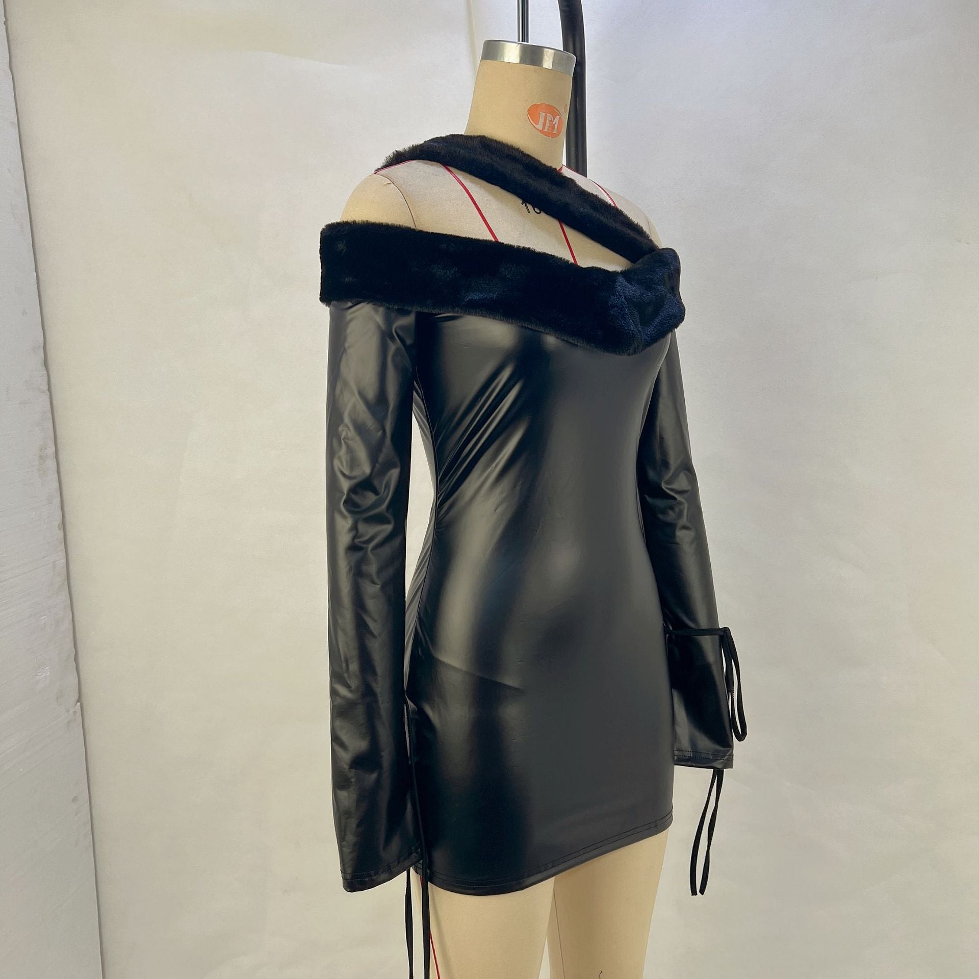 Autumn And Winter Fashionable Women's Clothing Fleece Patchwork Off Shoulder Pu Leather Bodycon Dress 10