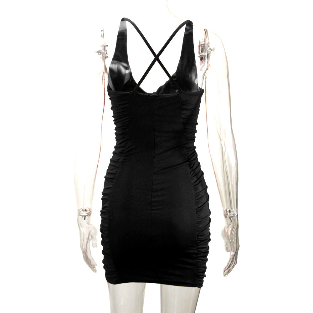 Women Summer V-Neck Backless Pleated Bodycon Dress 13