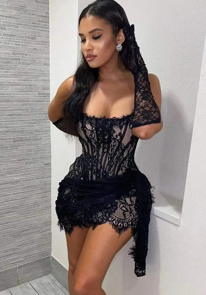 Women Fishbone Strapless Lace Pleated Mini Dress