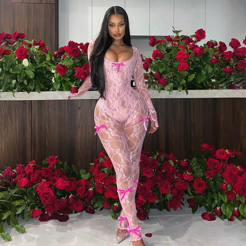 Women Spring Sexy See-Through Hollow Jacquard Long Sleeve Lace Jumpsuit 8