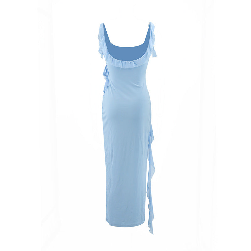 Women Sexy Summer Halter Square Neck Ruffle Edge Side Slit Solid Dress 19