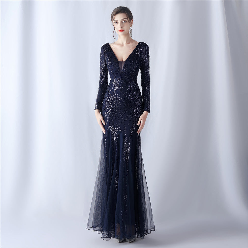 Women mesh sequin wedding dinner long-sleeved evening dress 22