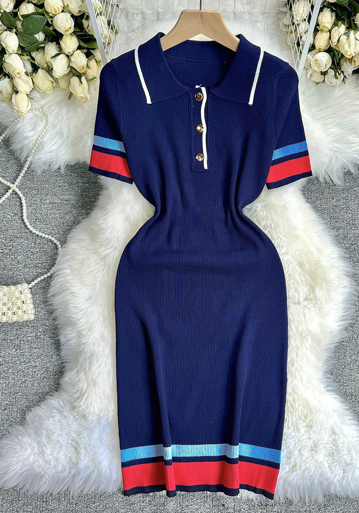 Women Summer Casual Polo Neck Colorblock Short Sleeve Knitting Dress
