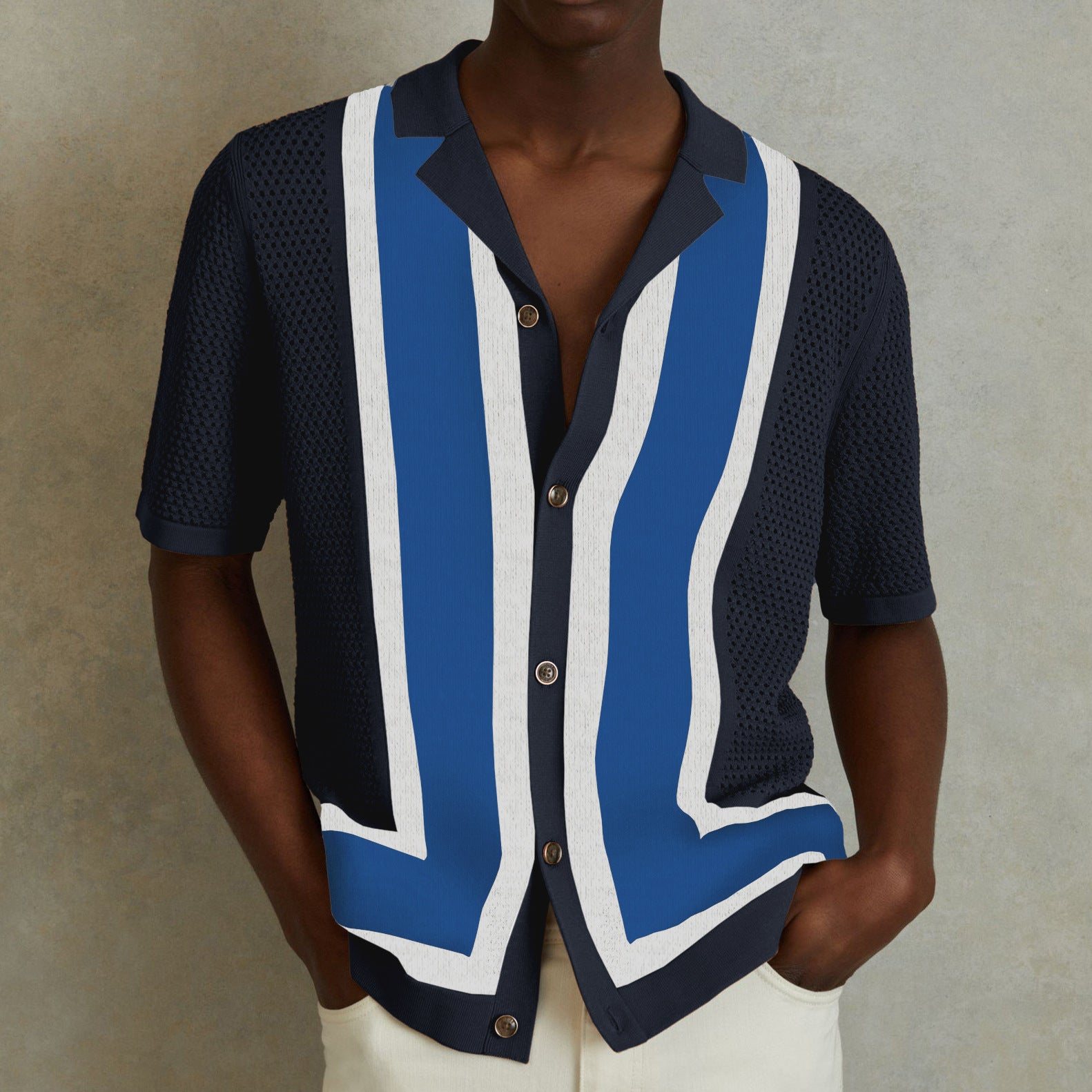 Men’s Striped Color Block Turn-Down Collar Short Sleeves Knitted Polo Shirt 9