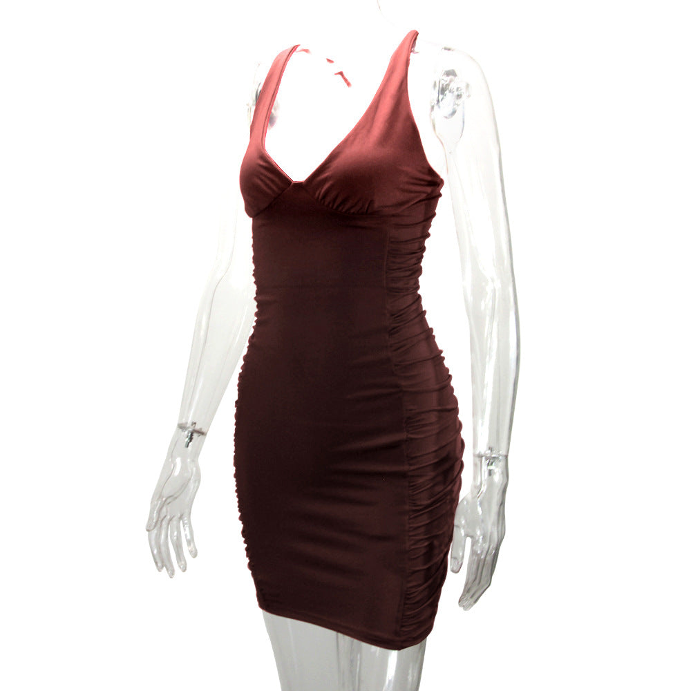 Women Summer V-Neck Backless Pleated Bodycon Dress 15