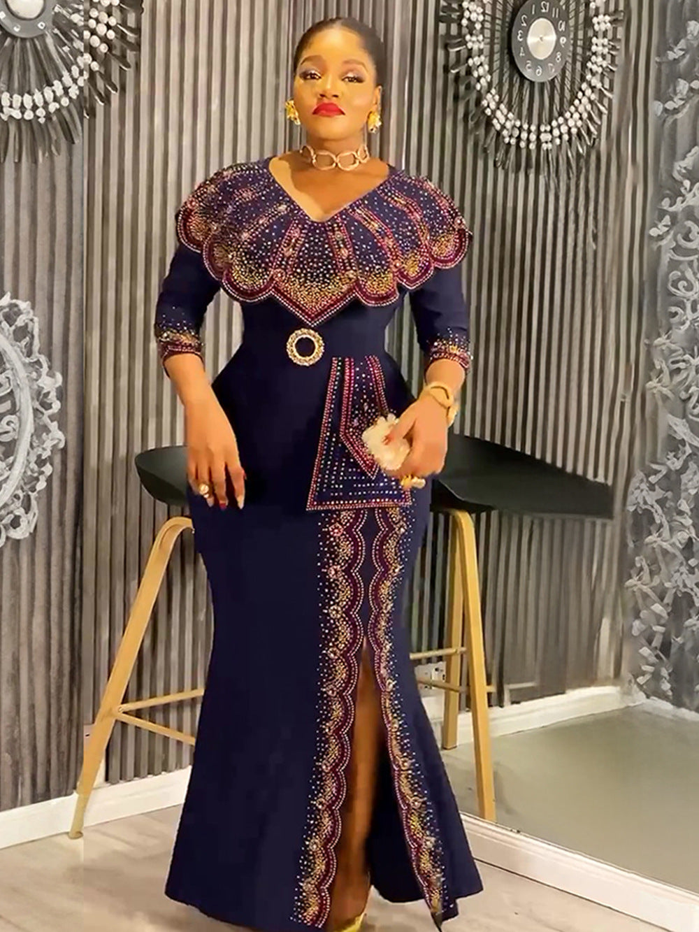 Africa Plus Size Women's Fashion Chic Elegant Formal Party Beaded V-Neck Dress 8