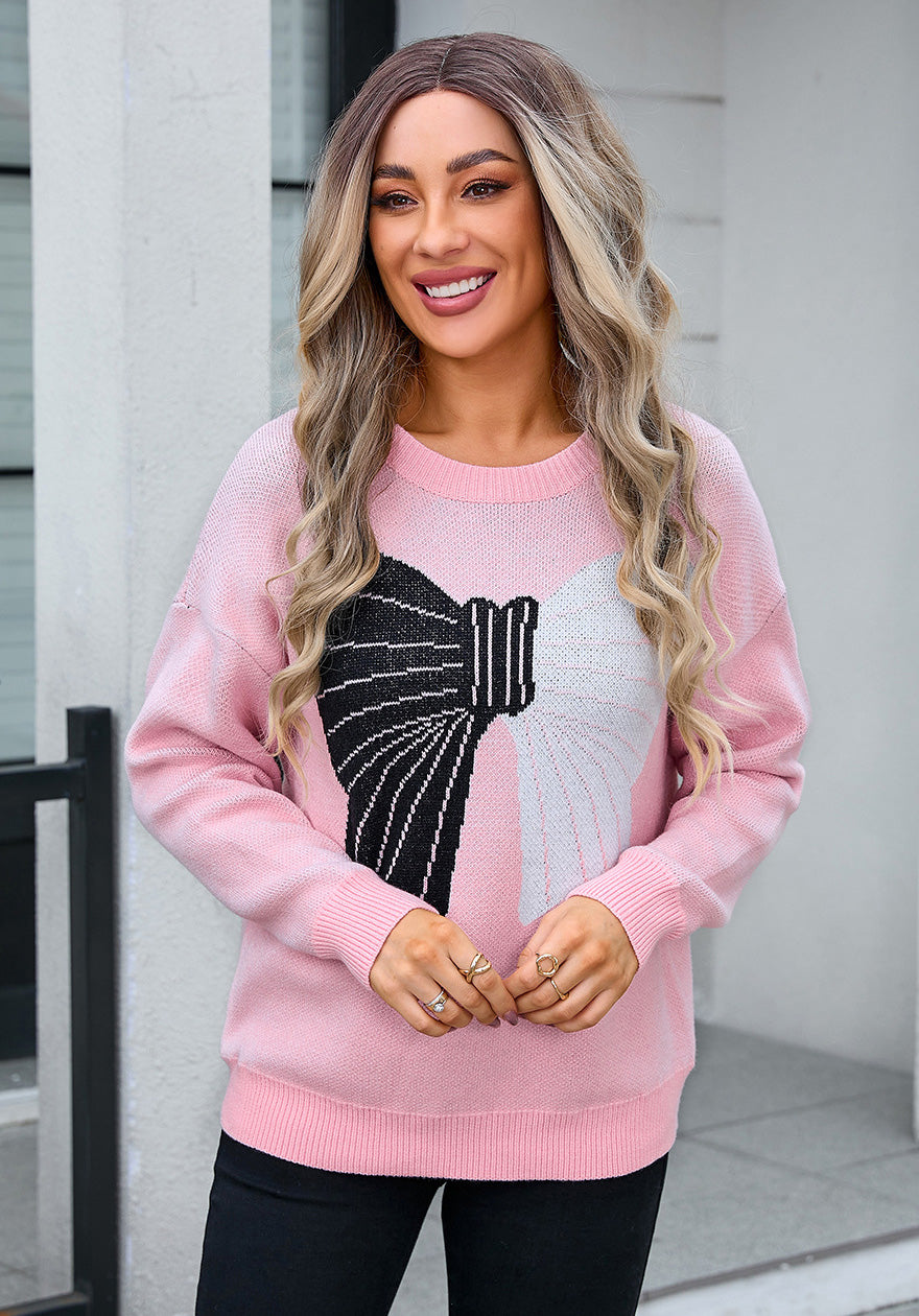 Autumn Winter Sweater Women's Bow Color Matching Knitting Pullover Shirt 14