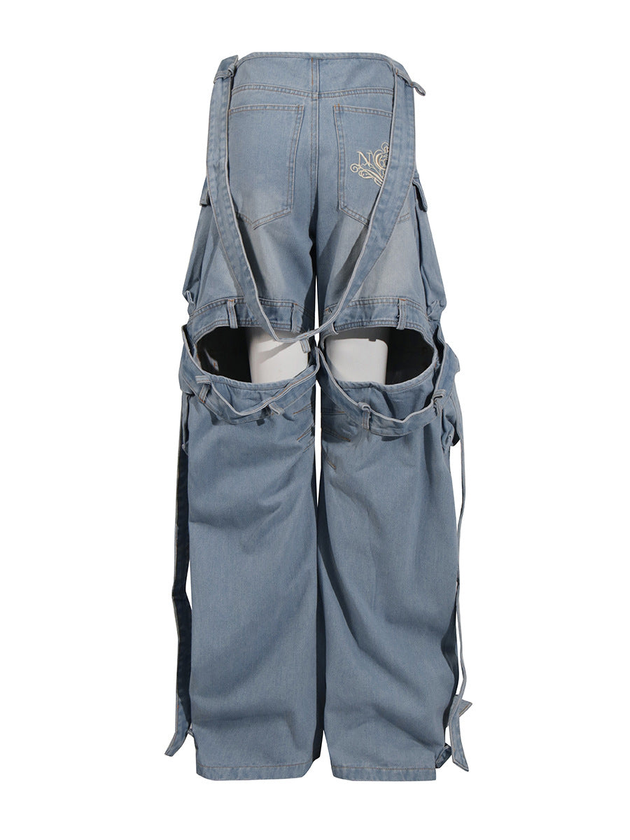 Women Street Denim Washed Cargo Wide-Leg Pants 4