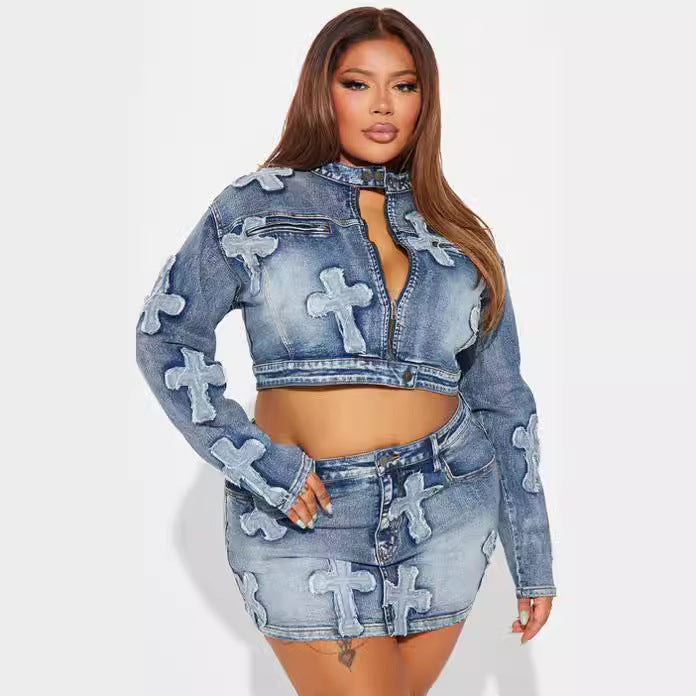 Women's Clothing Trendy Fashion Patch Denim Two Piece Skirt Set 5