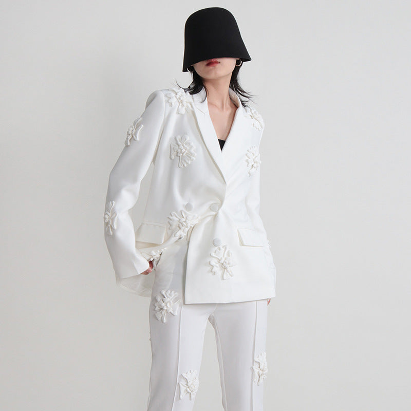 Women double-breasted floral Patchwork Blazer + high-waisted Bell Bottom pants two-piece set 14