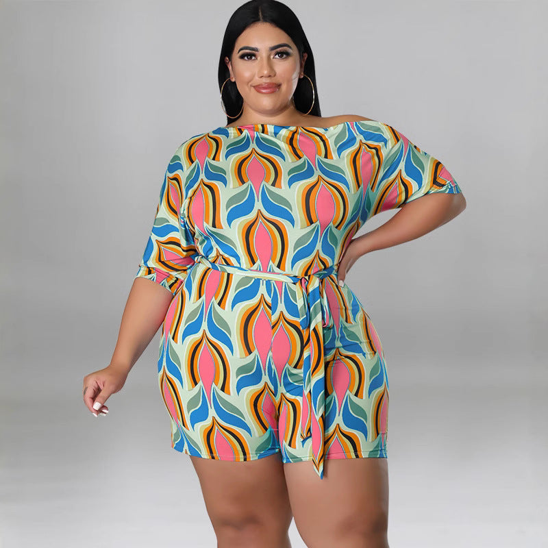 Plus Size Women's Summer Slash Shoulder Print Short Sleeve Jumpsuit With Belt 8